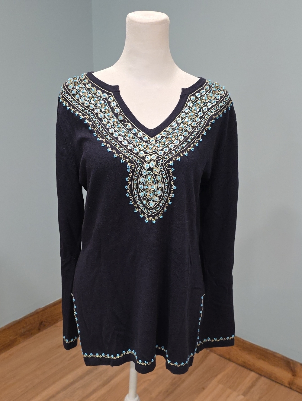 J. Mclaughlin Beaded Tunic Sweater Navy Blue NWOT M